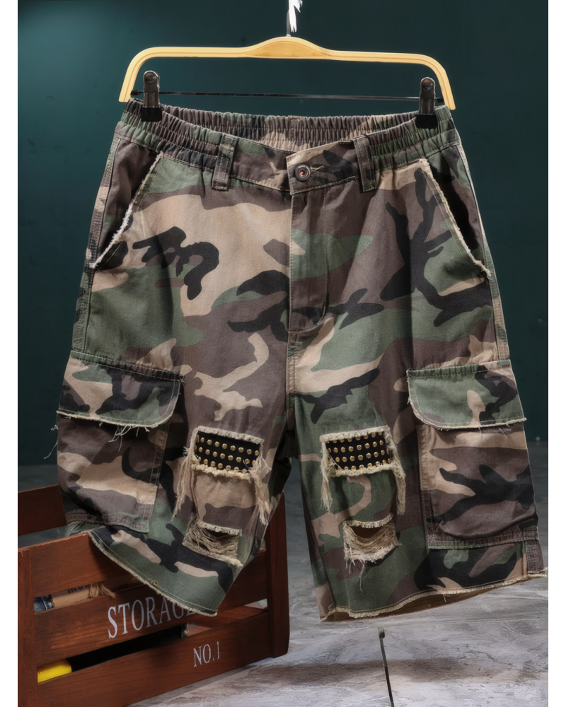 Grunge Camo Studded Cargo Shorts