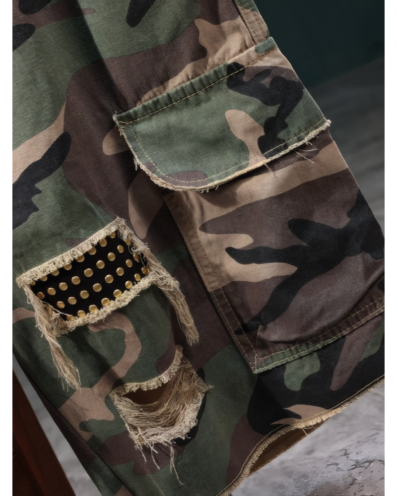 Grunge Camo Studded Cargo Shorts