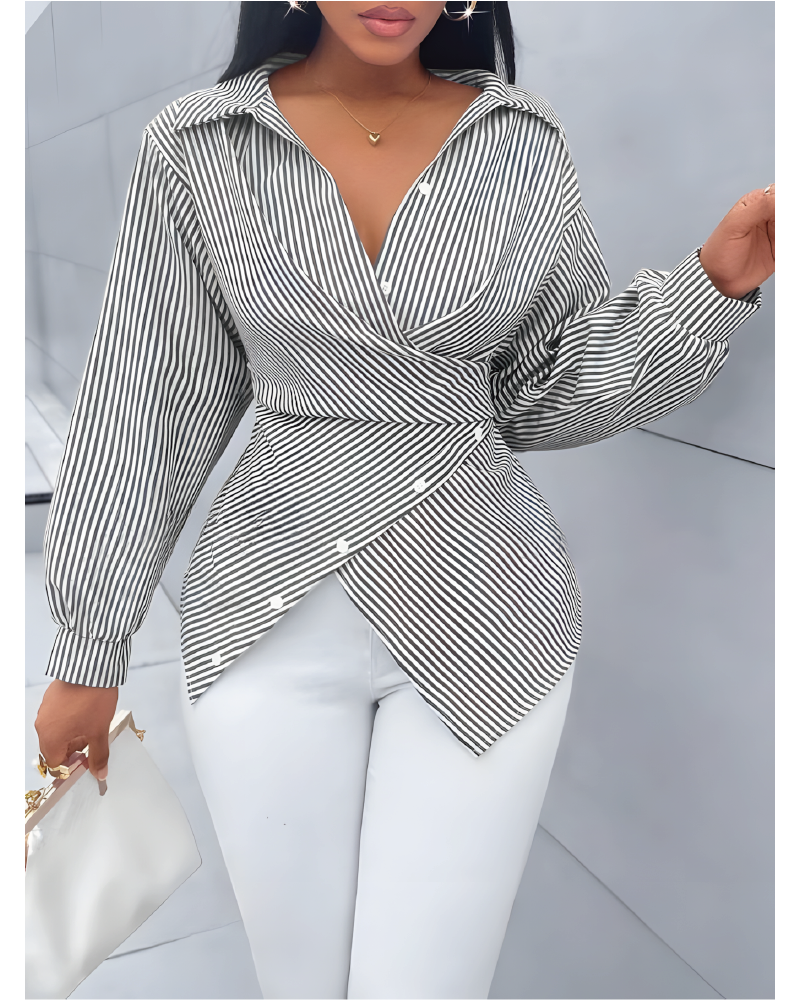 Bow Tie Waist Striped Blouse