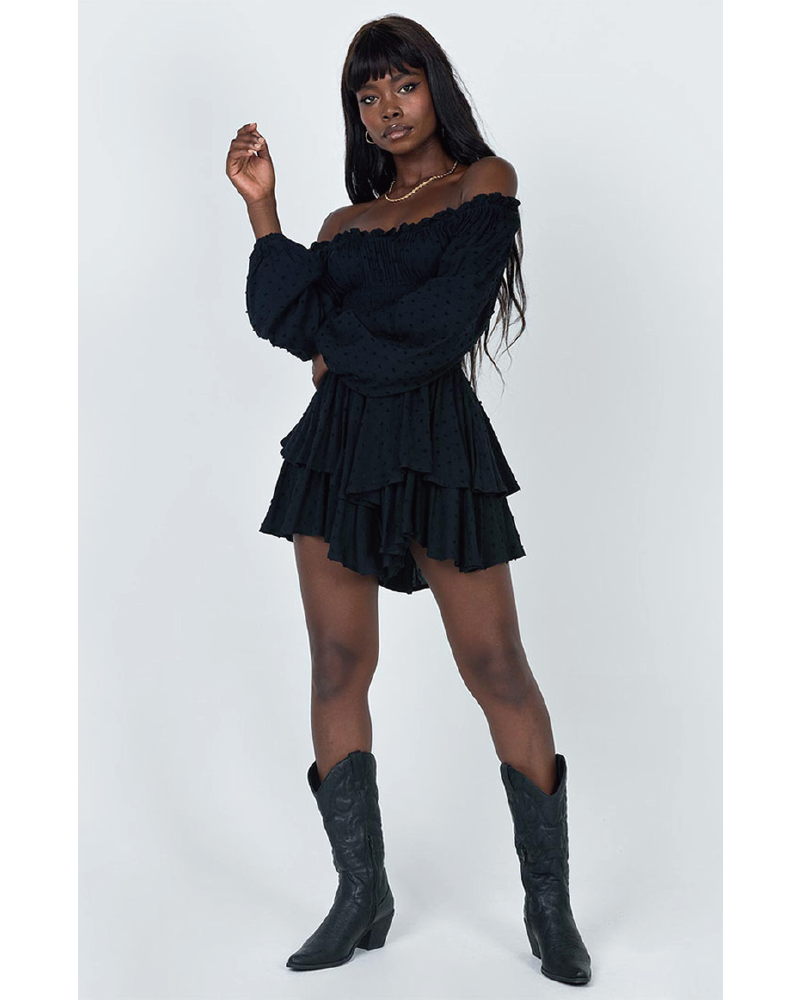Love Galore Clip Dot Off the Shoulder Long Sleeve Romper