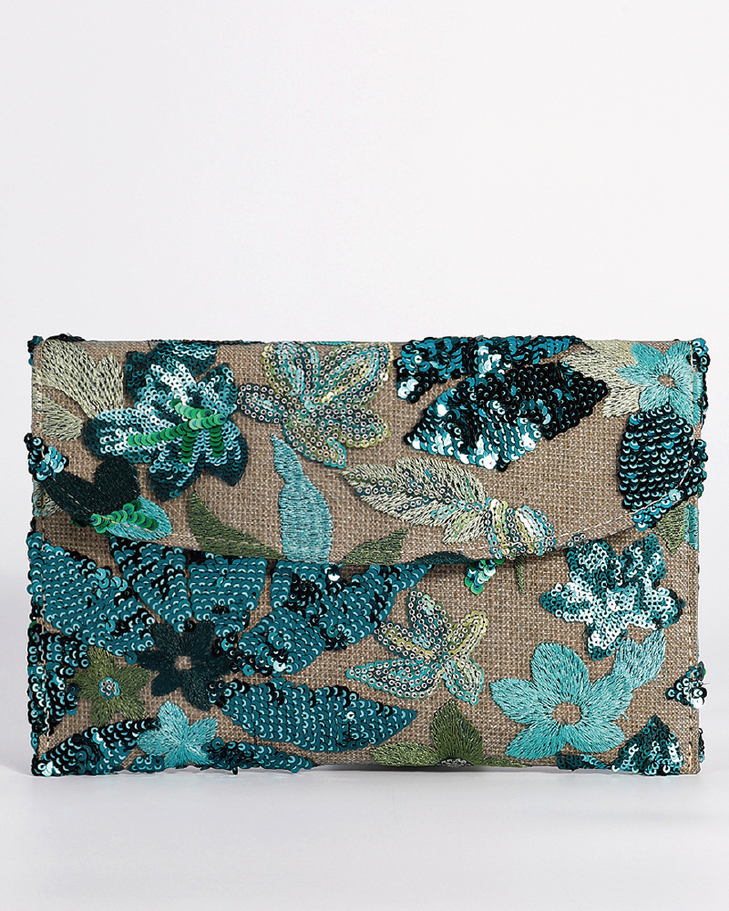 Floral Embroidery Sequin Clutch