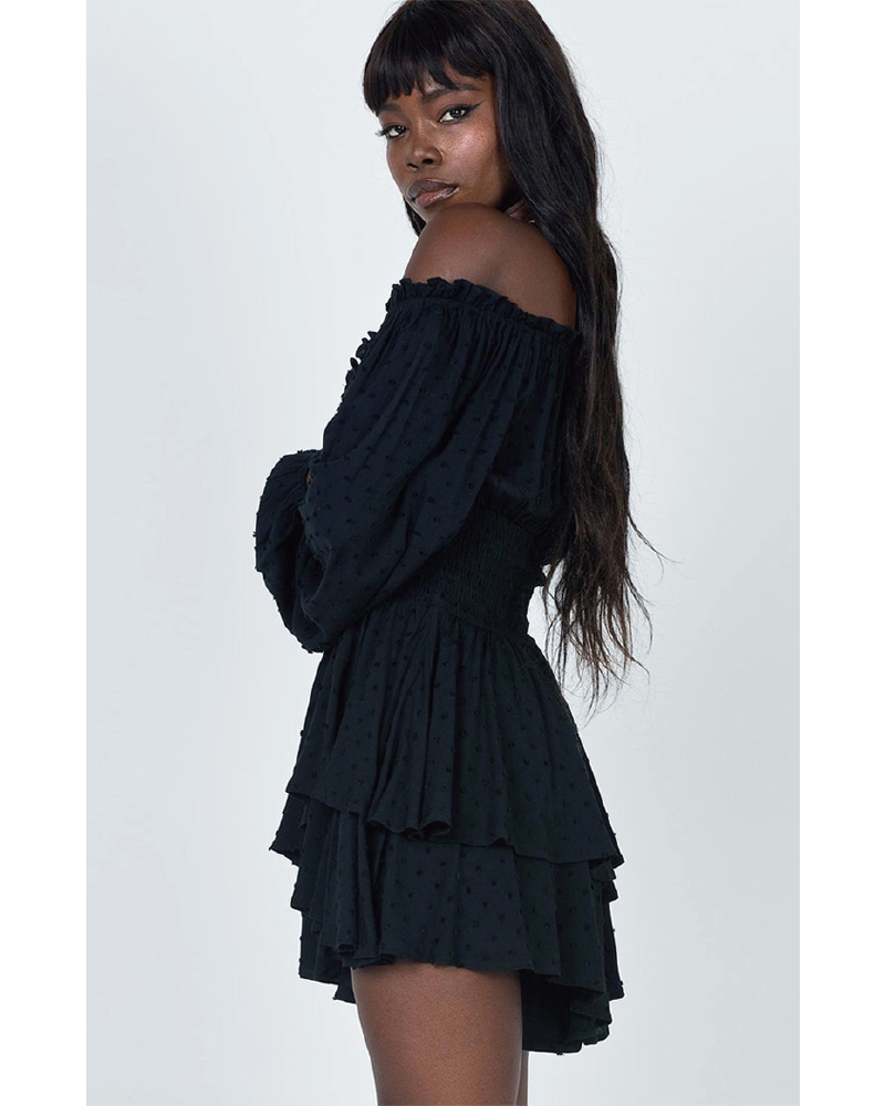 Love Galore Clip Dot Off the Shoulder Long Sleeve Romper