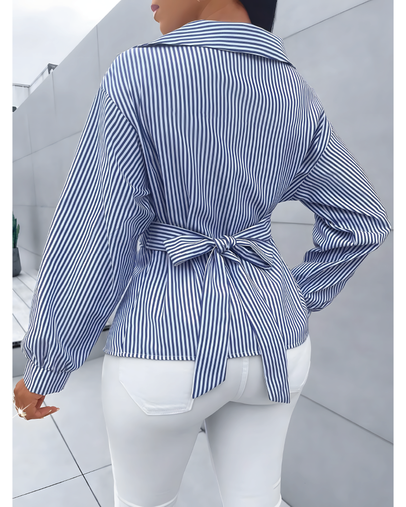 Bow Tie Waist Striped Blouse