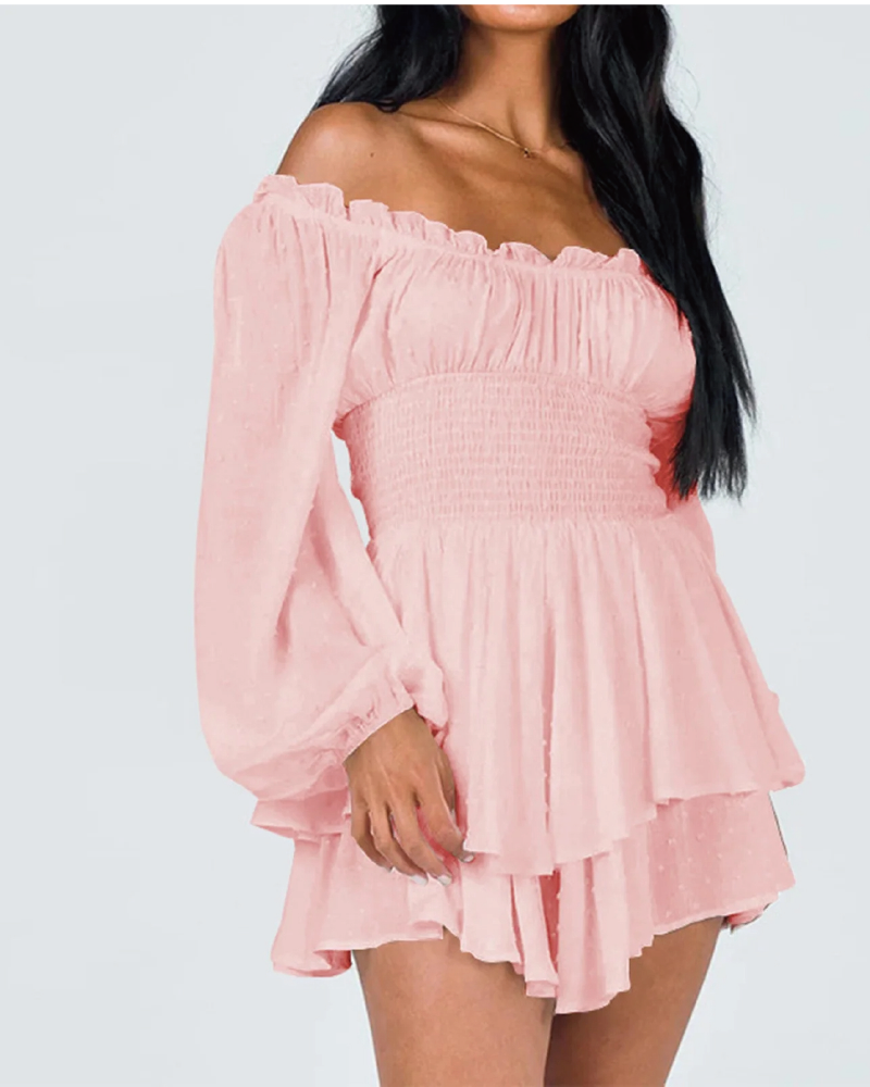 Love Galore Clip Dot Off the Shoulder Long Sleeve Romper