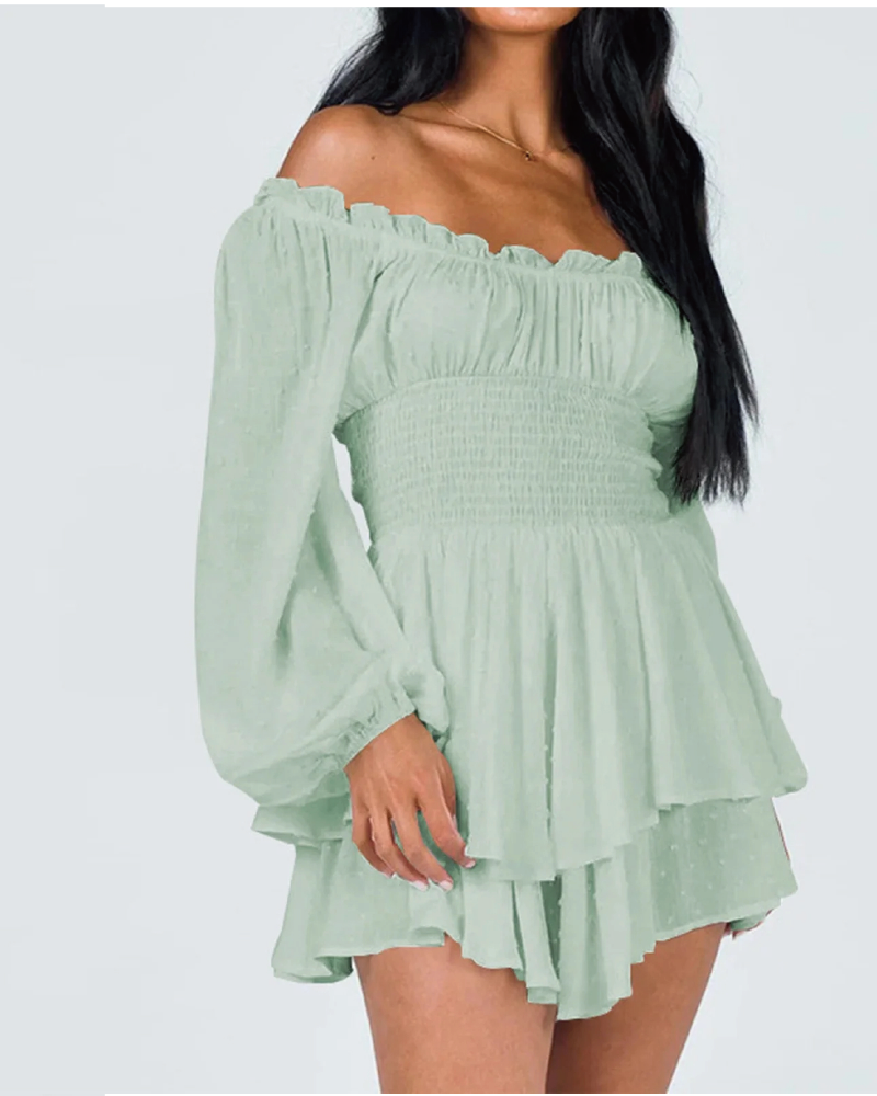 Love Galore Clip Dot Off the Shoulder Long Sleeve Romper