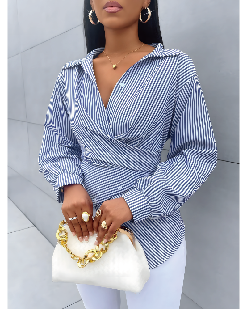 Bow Tie Waist Striped Blouse