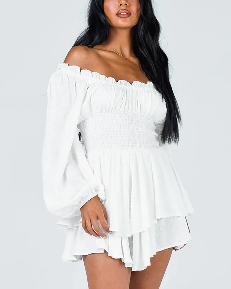 Love Galore Clip Dot Off the Shoulder Long Sleeve Romper
