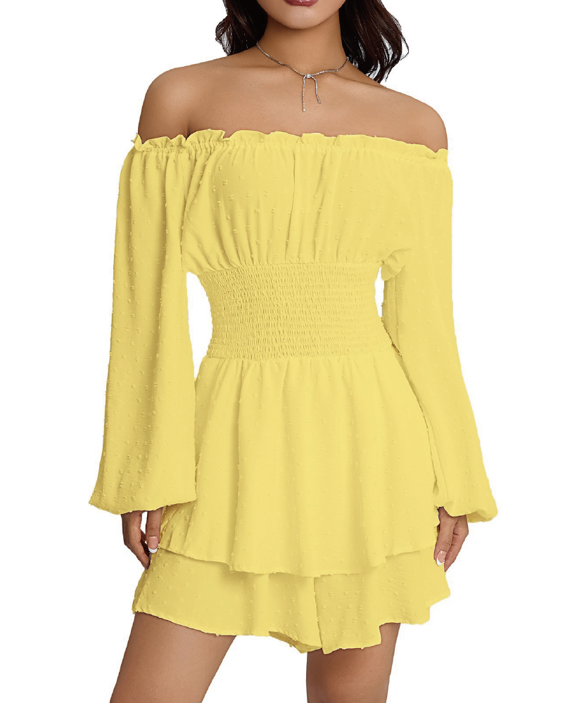 Love Galore Clip Dot Off the Shoulder Long Sleeve Romper
