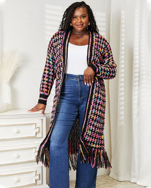 Multicolored Fringe Hem Cardigan