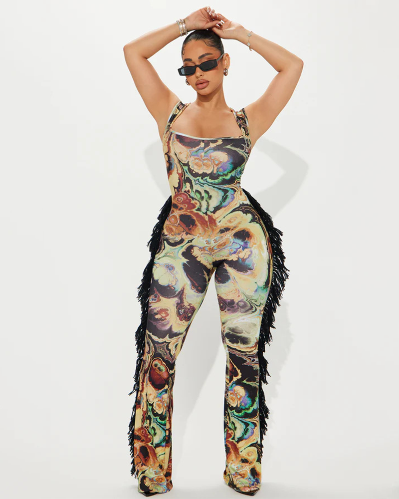 Tassel Trim Print Jumpsuit