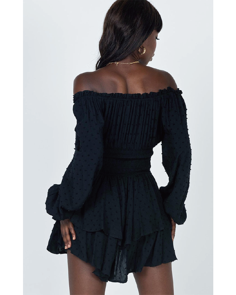 Love Galore Clip Dot Off the Shoulder Long Sleeve Romper