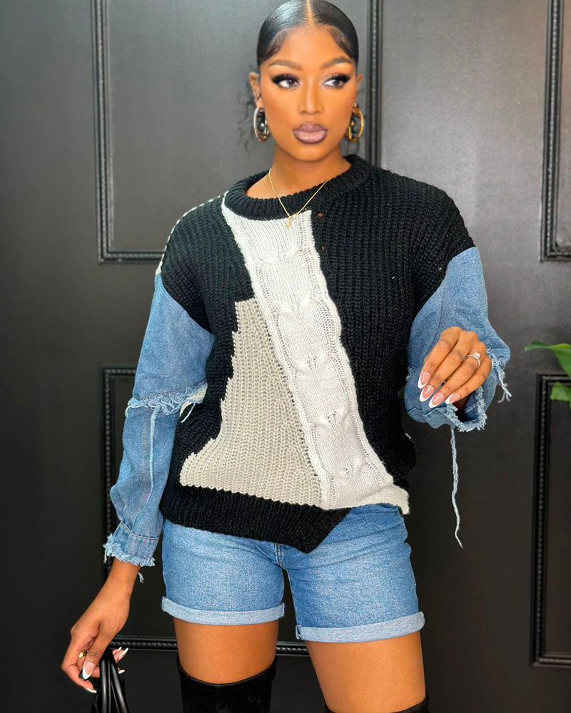 Denim Sleeves Knit Sweater【On Sale】