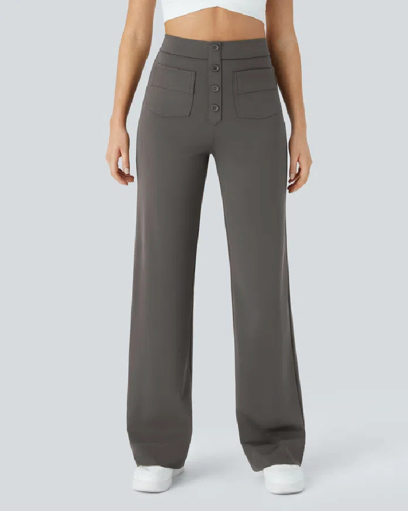 High Waisted Button Multiple Pockets Straight Leg Casual Pants
