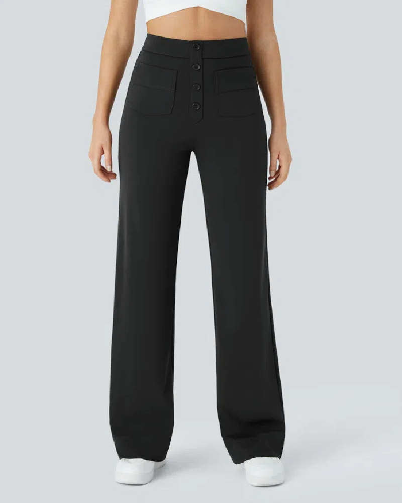 High Waisted Button Multiple Pockets Straight Leg Casual Pants