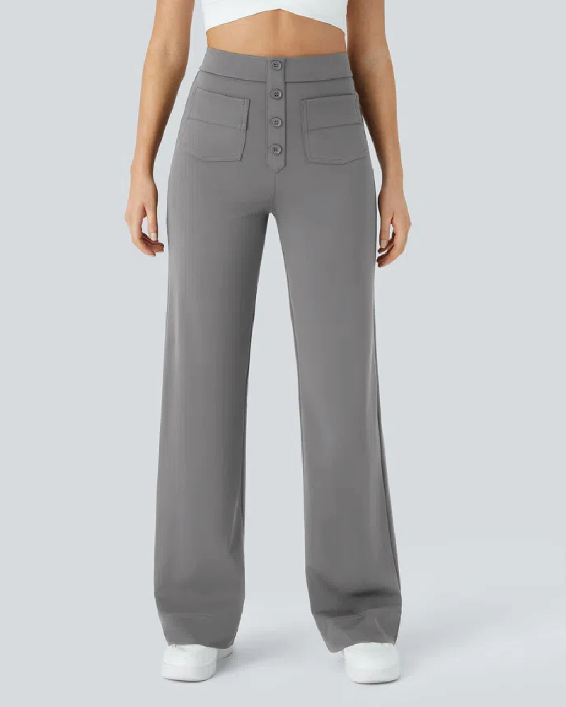 High Waisted Button Multiple Pockets Straight Leg Casual Pants