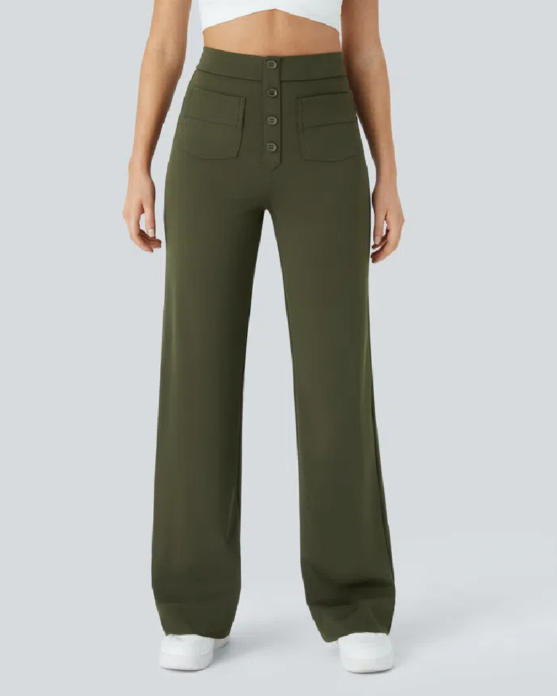 High Waisted Button Multiple Pockets Straight Leg Casual Pants