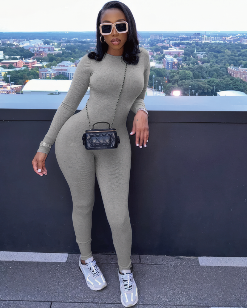 Ribbed Long Sleeve Bodycon Jumpsuit