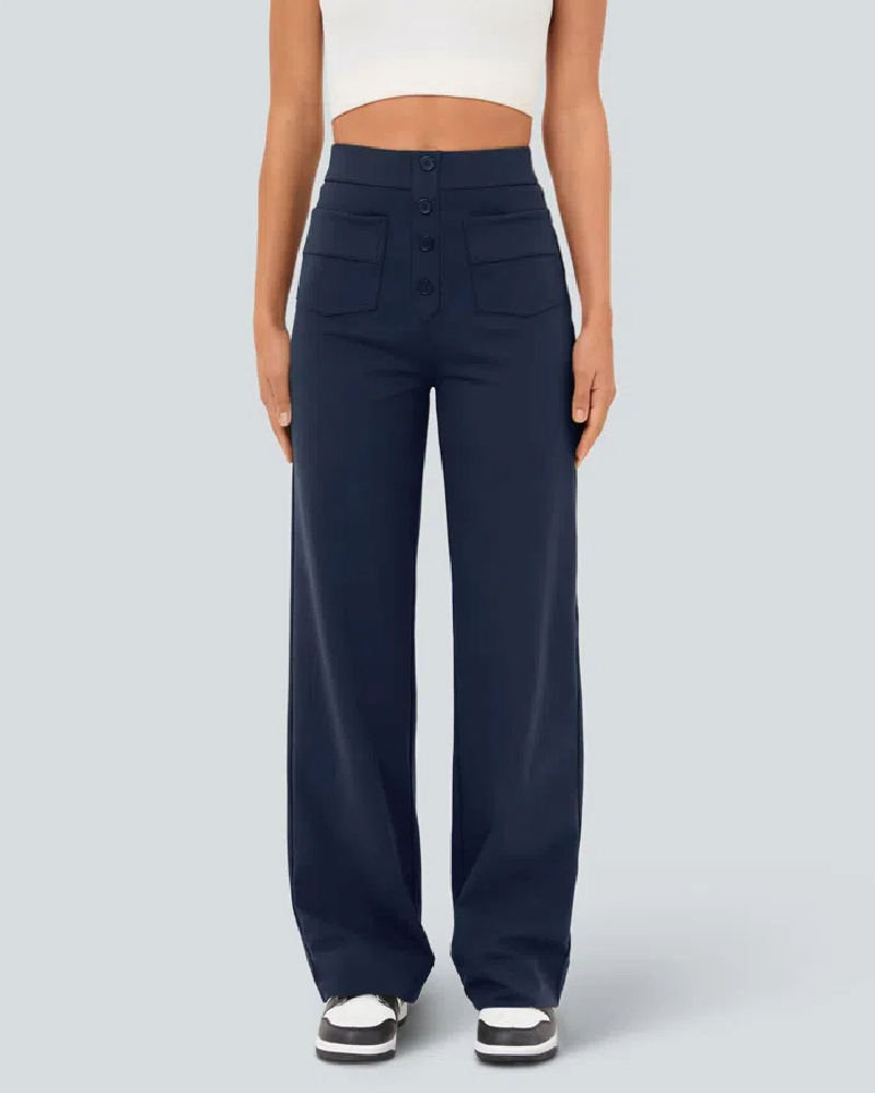 High Waisted Button Multiple Pockets Straight Leg Casual Pants