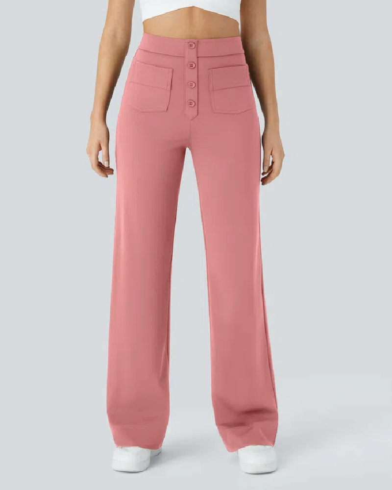High Waisted Button Multiple Pockets Straight Leg Casual Pants