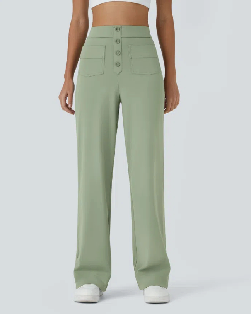 High Waisted Button Multiple Pockets Straight Leg Casual Pants