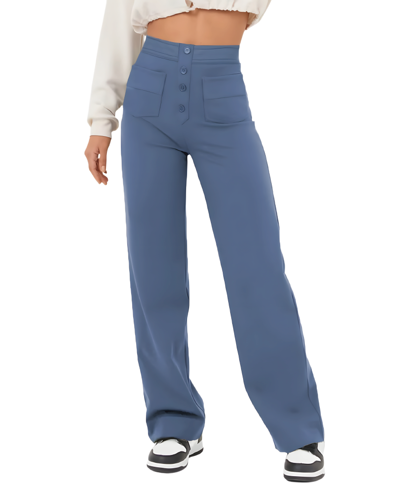 High Waisted Button Multiple Pockets Straight Leg Casual Pants