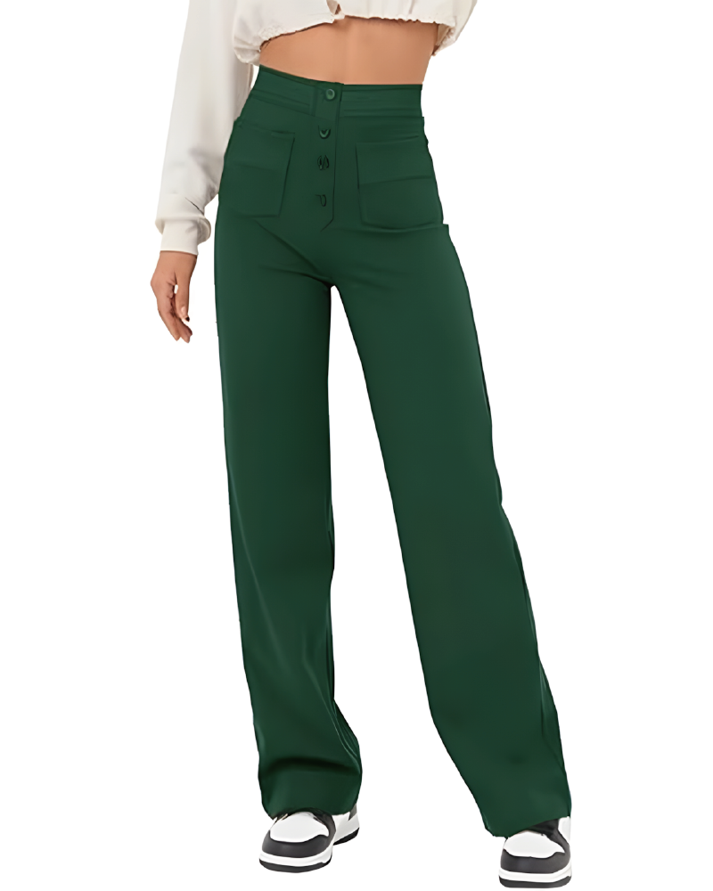 High Waisted Button Multiple Pockets Straight Leg Casual Pants