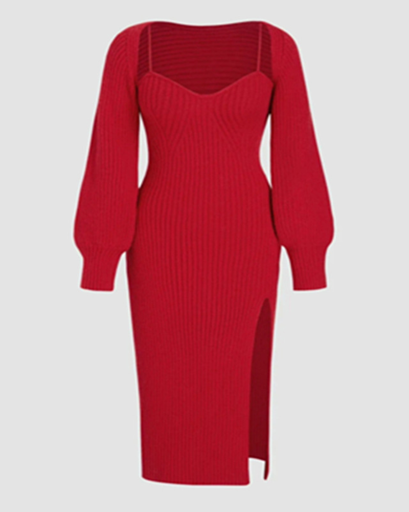 Knit Solid Cami Split Midi Dress Set