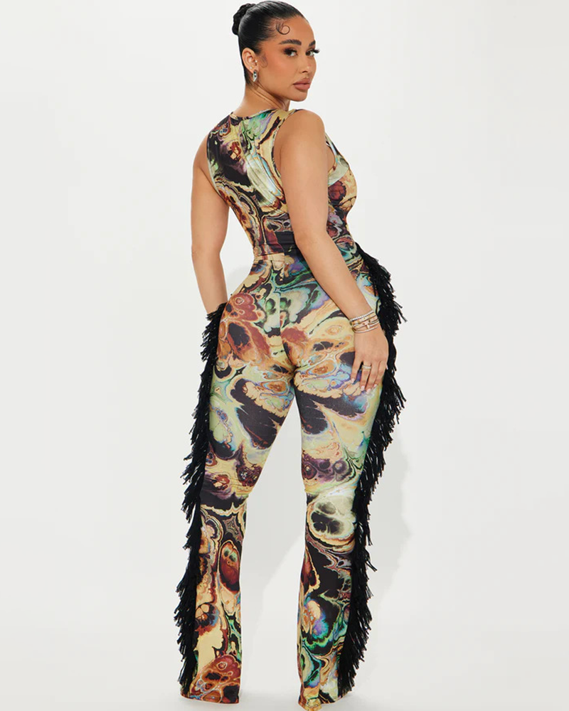 Tassel Trim Print Jumpsuit