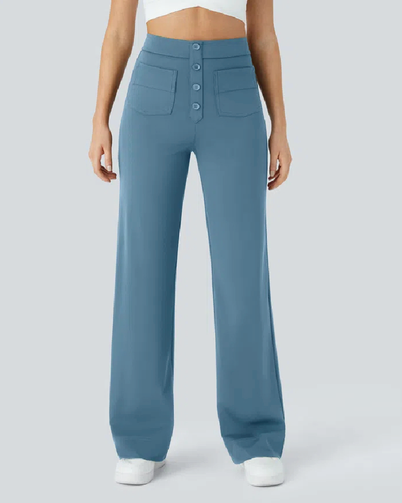High Waisted Button Multiple Pockets Straight Leg Casual Pants