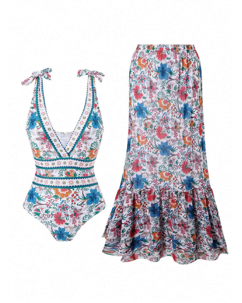 V Neck Printed One Piece Swimsuit & Skirt