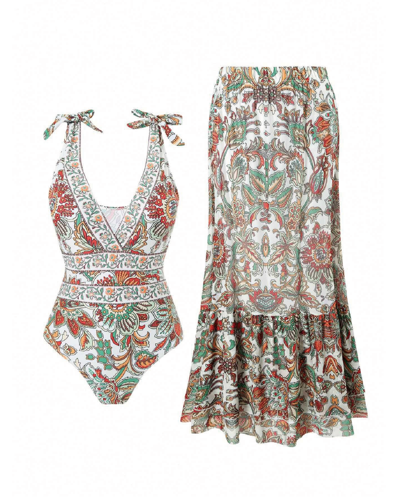 V Neck Printed One Piece Swimsuit & Skirt