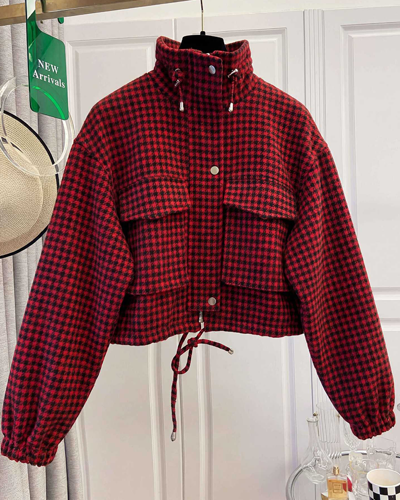 Retro Plaid Stand Collar Short Coat