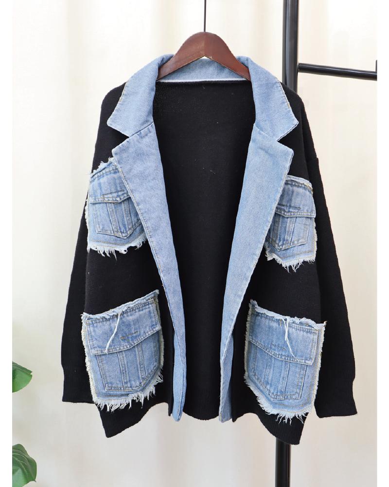 Cardigans en maille patchwork noirs à poches zippées et à la mode pour le printemps main image 1