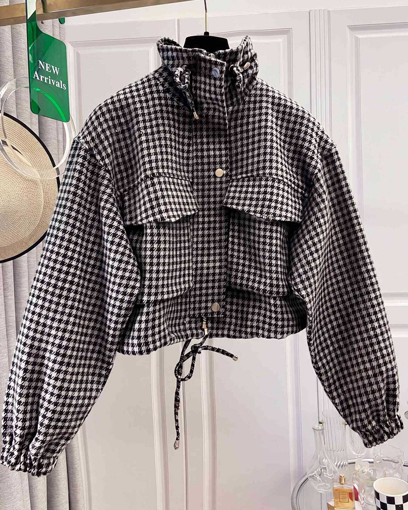Retro Plaid Stand Collar Short Coat