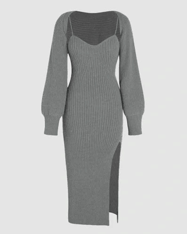 Knit Solid Cami Split Midi Dress Set