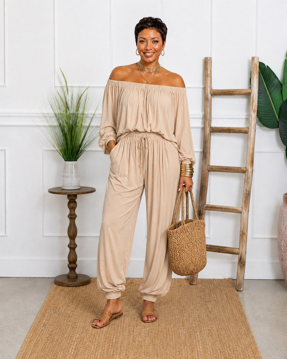 Plans Optional Off-Shoulder Harem Pant Set