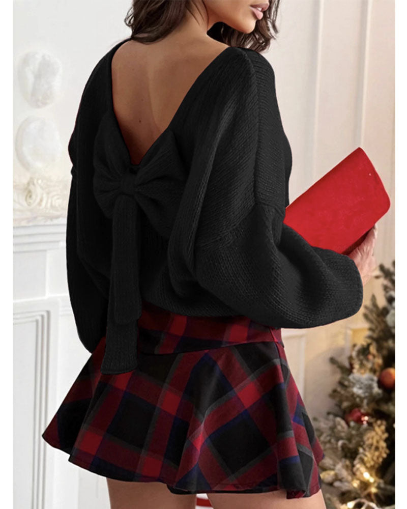 Bow Backless Bubble Sleeve Sweater