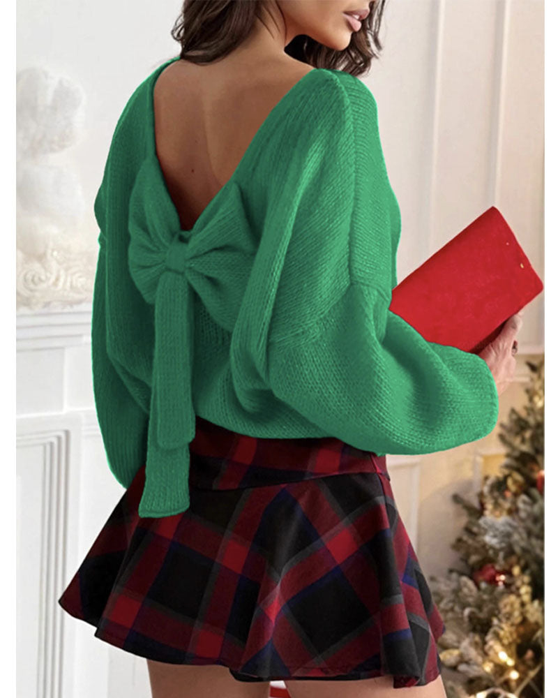 Bow Backless Bubble Sleeve Sweater
