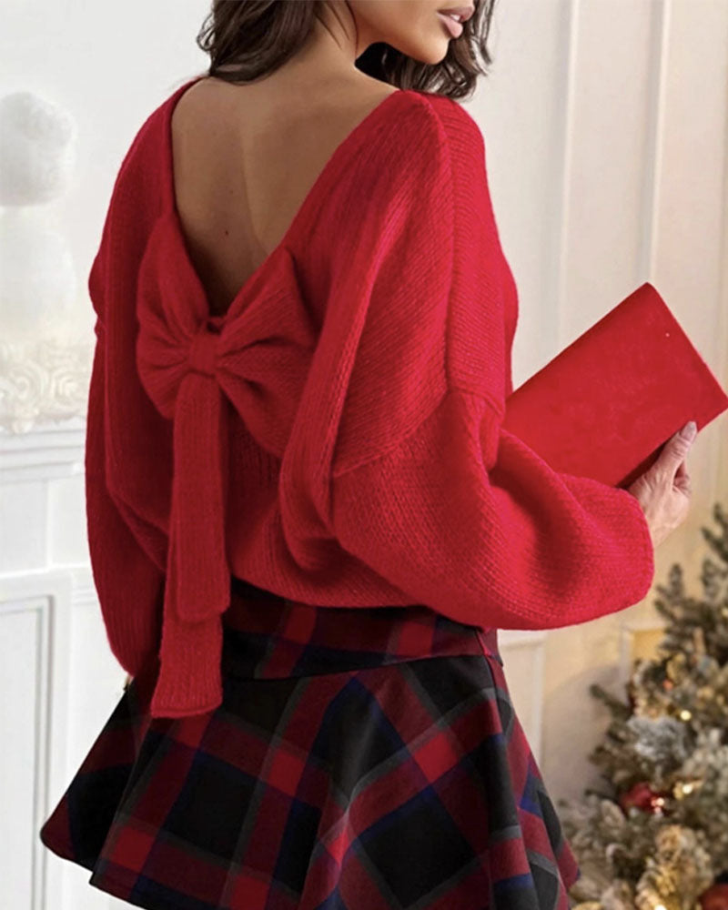 Bow Backless Bubble Sleeve Sweater
