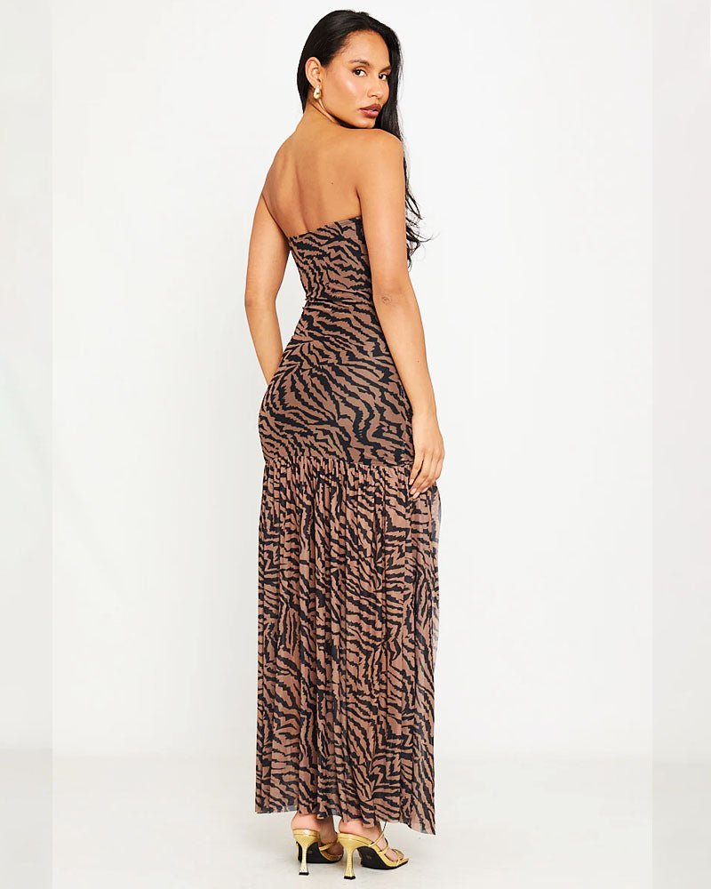 Brown Tiger Print Sheer Strapless Maxi Dress