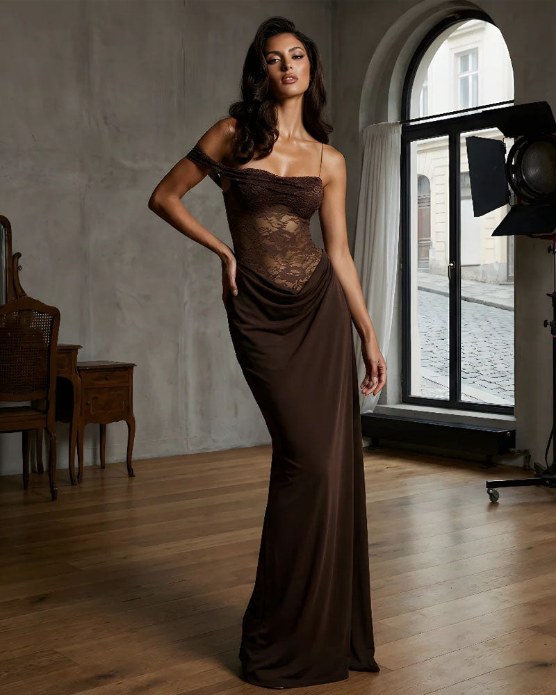 Cocoa Lace Drape Maxi Dress