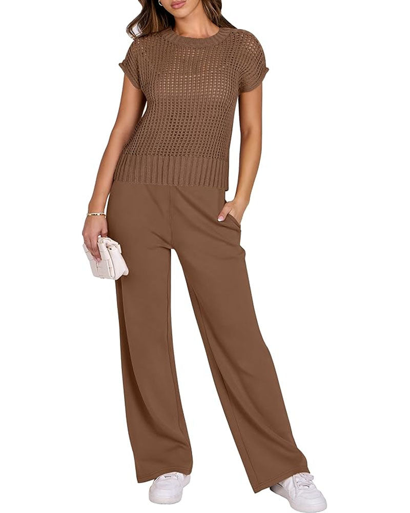 Crochet Top Wide Leg Pants Set