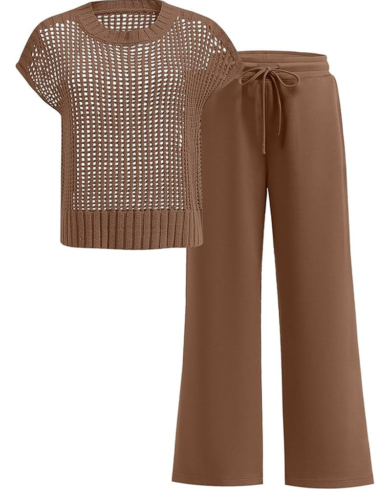 Crochet Top Wide Leg Pants Set