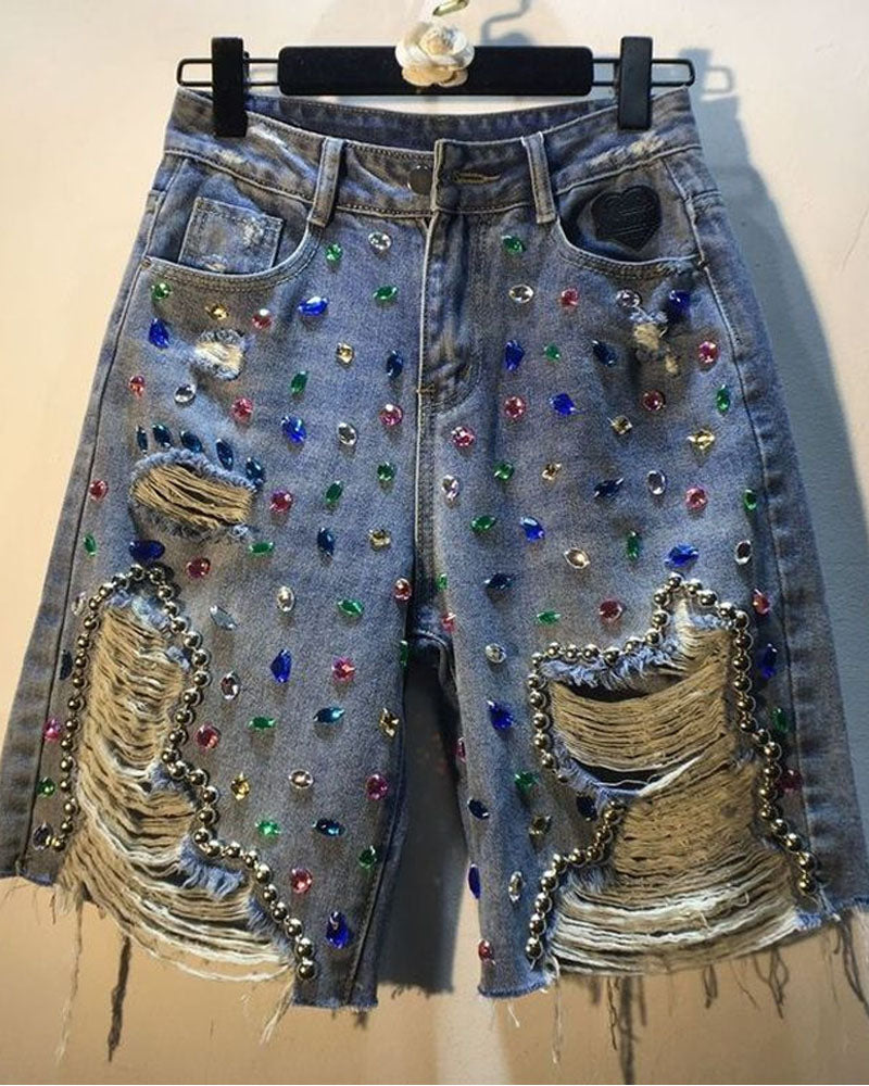 Crystal Embellished Denim Shorts