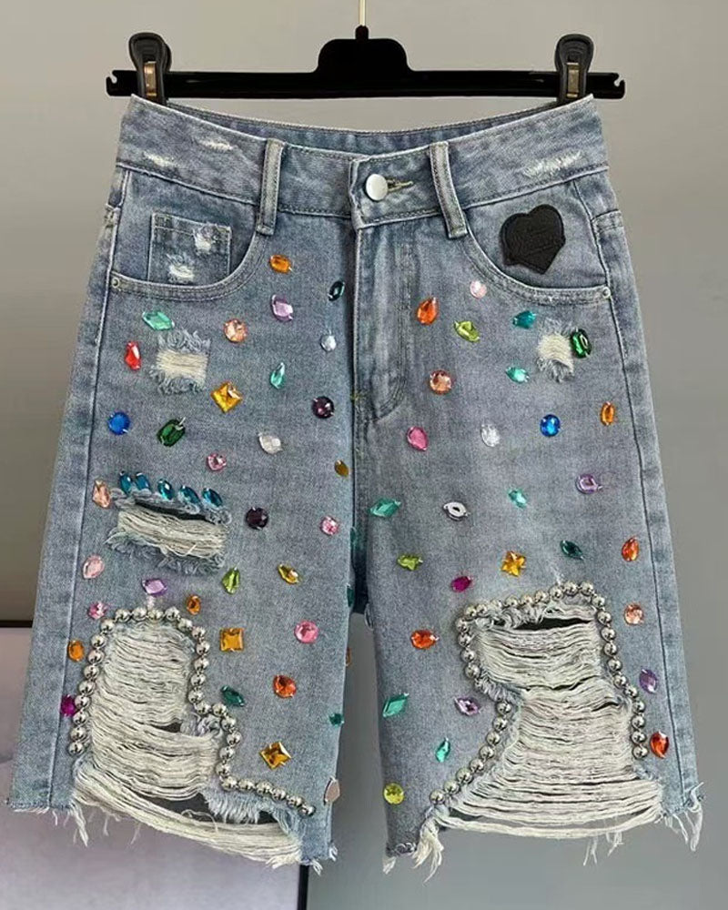 Crystal Embellished Denim Shorts