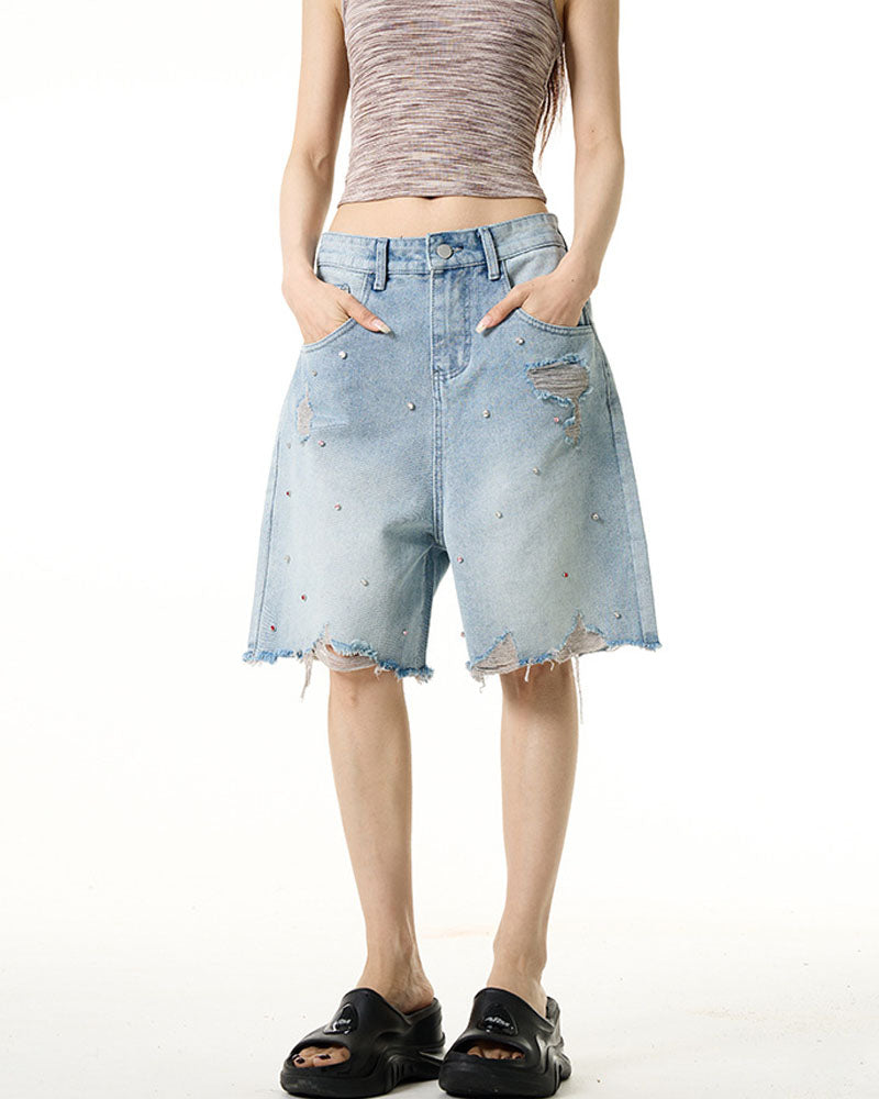 Diamond Studded Denim Shorts