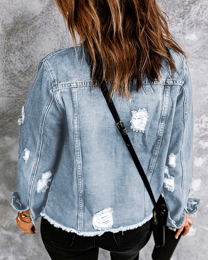 Distressed Raw Hem Denim Jacket