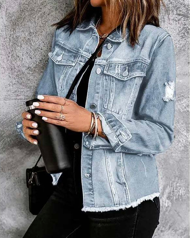 Distressed Raw Hem Denim Jacket