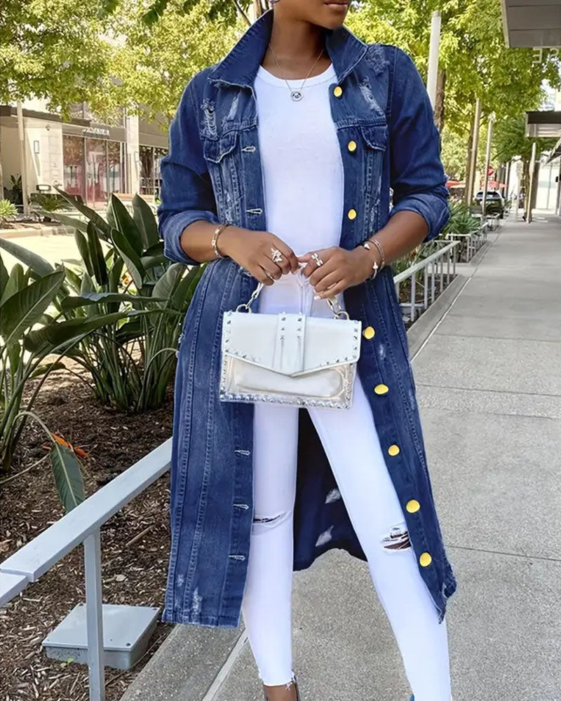 Distressed Long Denim Jacket