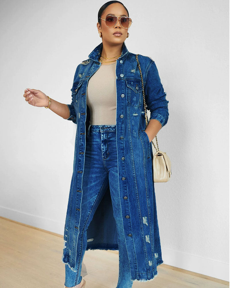 Distressed Long Denim Jacket